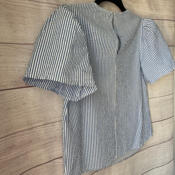 Zara Blue White Striped Blouse Sheer Floral Cutout Details Puff Sleeves Size S - Picture 16 of 16